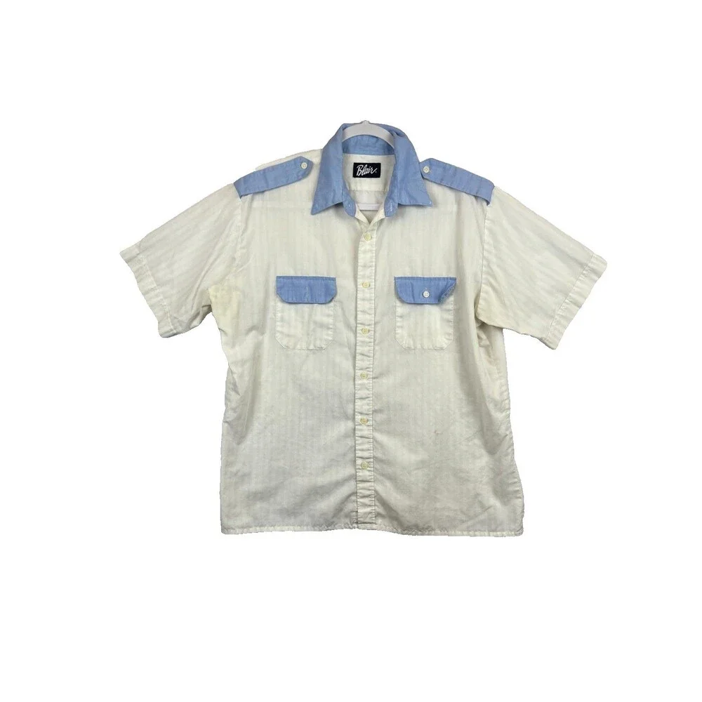 Vintage Blair Shirt Mens Button Up SS Shoulder Tabs White Blue Pockets (Stained) - Picture 1 of 11